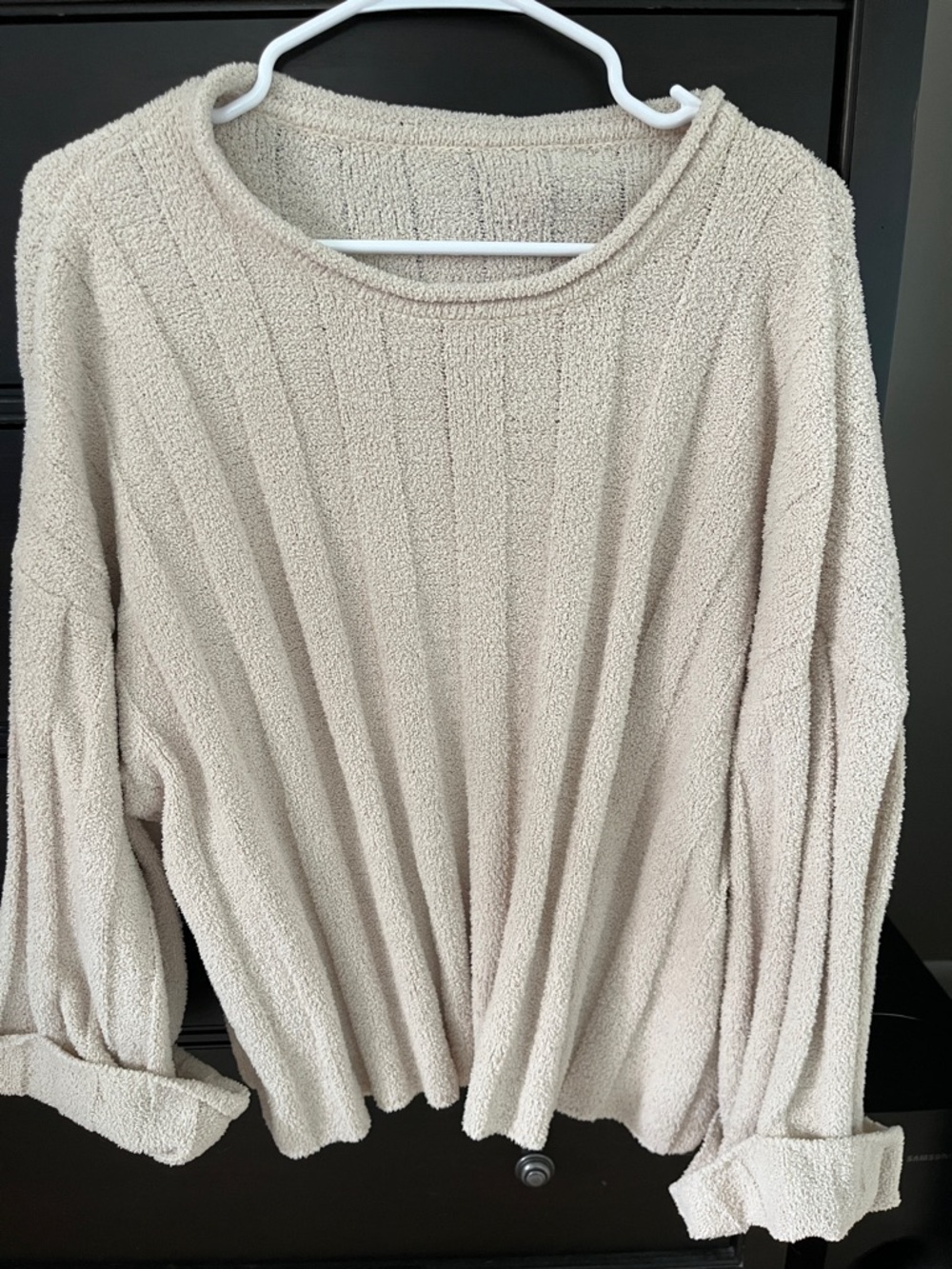Cream Ribbed Crew Neck Sweater - Soft Textured Pullover